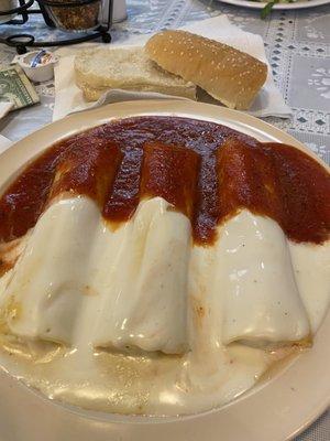 Cheese Manicotti Mostaccioli with Tomato Sauce  and Alfredo Sauce