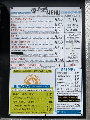 Levante Tacos Menu