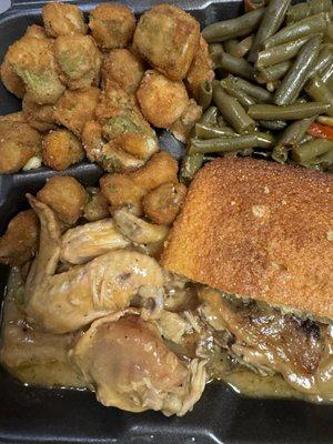 Smothered chicken, fried okra, and green beans very very salty