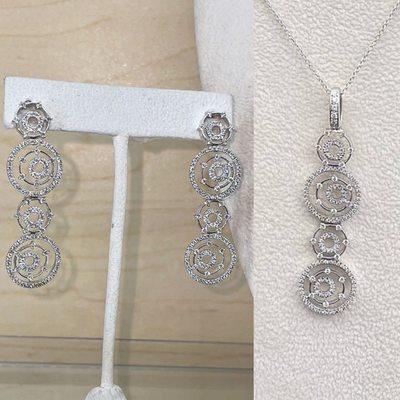 Fun and funky custom earrings and necklace in 14K white gold with 2 carats total weight in diamonds each!