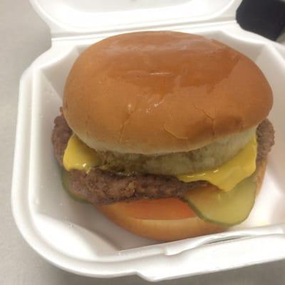 My first visit & This burger looks like it was made in an elementary school cafeteria.  It has NO lettuce because they "ran out" of it.