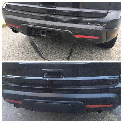 Top is after the accident (notice the missing muffler on the right)- bottom is after Authentic completed repairs- it's absolutely shining!