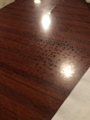 Grease and smelly dirty water marks on table we were set at.