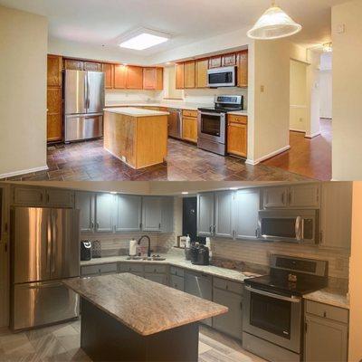 Before and After of my kitchen the back side has a feature wall which is a chalkboard.