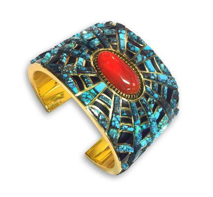 Amazing turquoise, coral, black onyx jewelry (cuff by Earl Plummer)