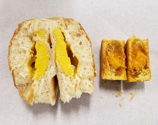 Inside custard bun and salted egg yolk pineapple cake