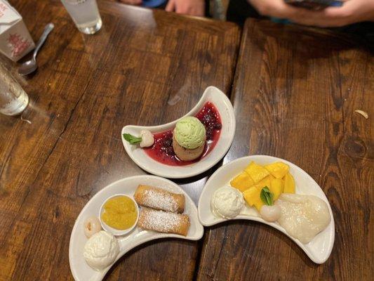 Blueberry spring rolls, green tea ice cream.