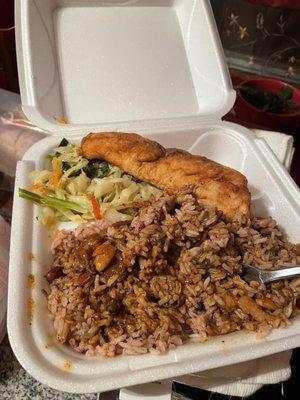 Fried red snapper rice with oxtail gravy and cabbage. Fish was cold and dried out ! Not enough gravy on the rice. Dissatisfied