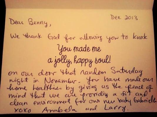 Holiday Thank you card from Client of Gotham Green Cleaning Service.