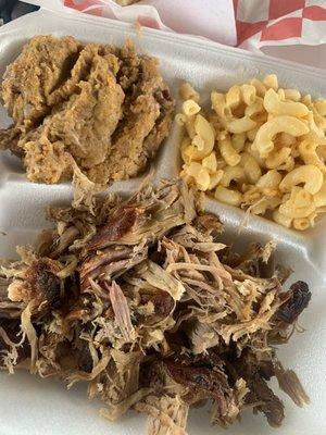 Pulled pork plate with macaroni and cheese and sweet potato casserole