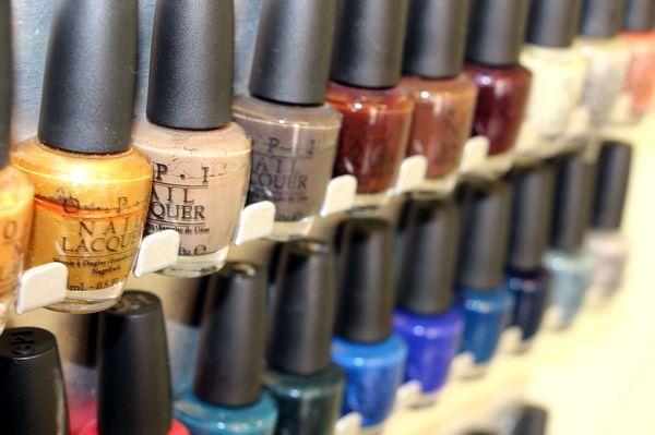 Some of the O.P.I nail polishes we use in our AVEDA manicures and pedicures at Belle Salon & Spa.