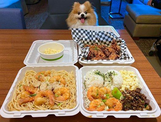 DELIVERY: Garlic Gnoodles w/ calamansi jumbo shrimp ($18.99), Soy Garlic KFC ($13.99), Galbi Sisig & Garlic Shrimp ($16.99), Mac Salad ($2)