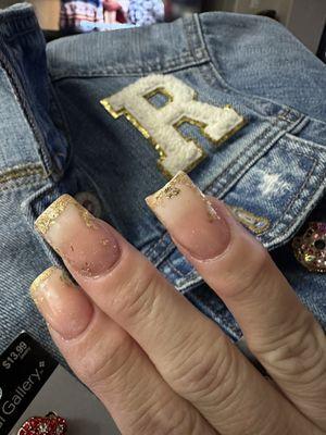 Gold foil French acrylic nails. The pink has glitter w/white ombre.