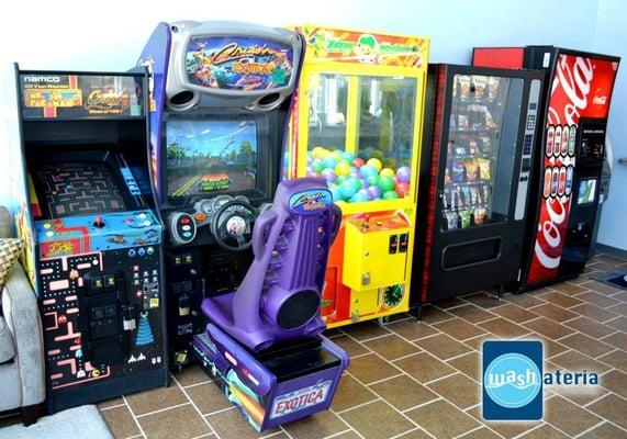 Games including Ms. PacMan. Soda & Snack Machines. ATM.