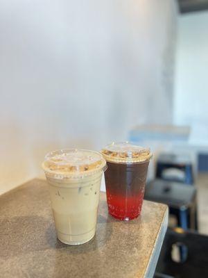 Tiramisu latte (left), espresso tonic + blood orange syrup (right)