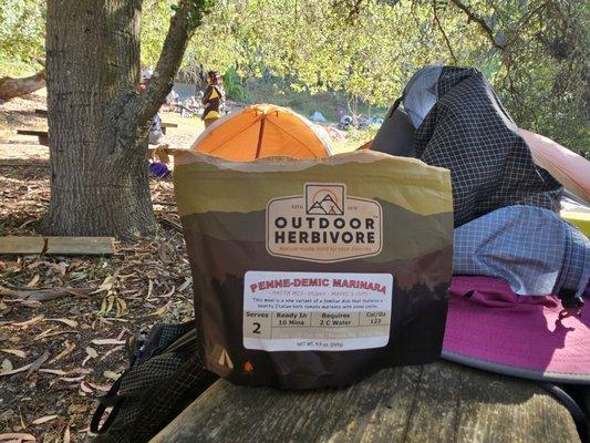 Dinner while camping on Angel Island. Penne-demic Marinara (vegan). Five stars. Excellent!