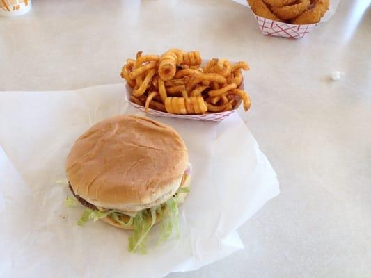 Tasty burger and curly fries!