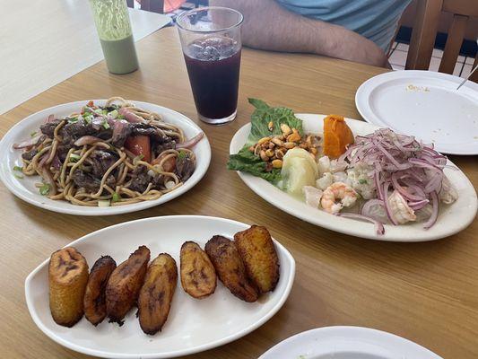 Left to right: tallarín de carne (noodles), ceviche mixto (raw seafood mix), yucca frita (fried plantain)