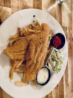 Frisco Fish & Chips with slaw and fries. (cornmeal crusted catfish, hand-breaded and fried).