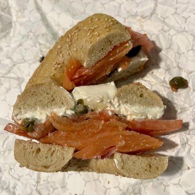 Bagel with cream cheese w/ lox, tomato, onion, capers $10+