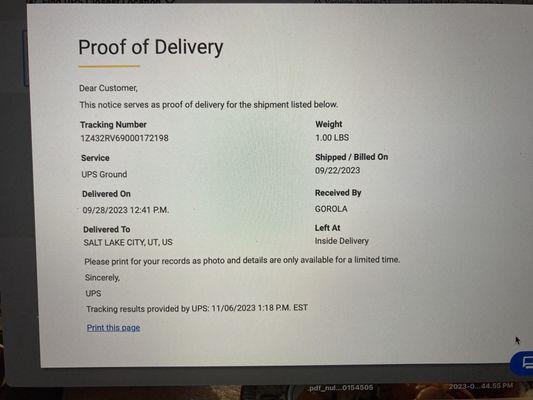 Proof that UPS delivered the unused, unopened "medical alert" bracelet back on 9/28/23.