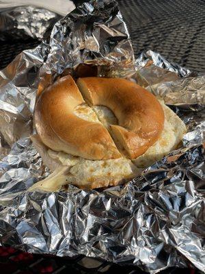 Turkey egg and cheese on a green chile chipotle bagel