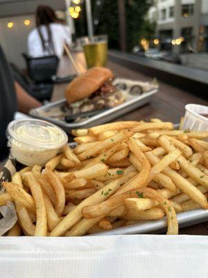 Steel burger, fries.