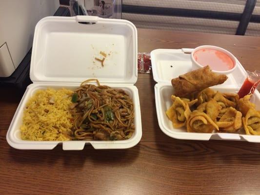 Lo mein and fried wontons.