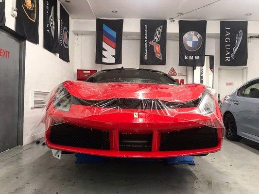 2018 Ferrari 488 GTB during XPEL Paint Protection Film installation.