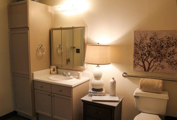 Large bathrooms with plenty of cabinet space in our one bedroom option.