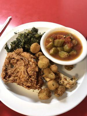 Fried chicken, turnip greens, veggie stew and fried okra. Mmmm