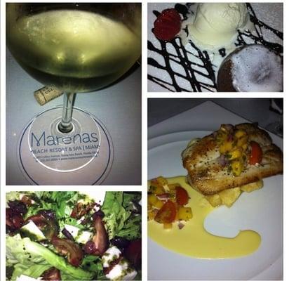 Mango mahi over bed of yuca fries, balsamic mozzarella salad and chocolate lava cake with vanilla ice-cream