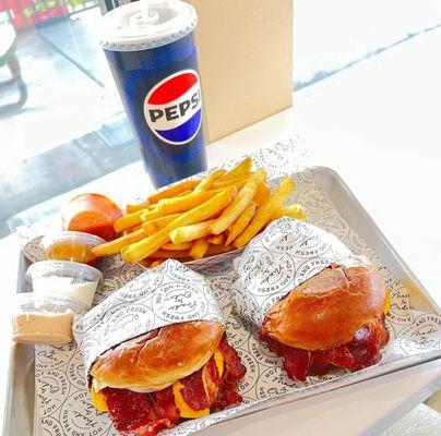 Bacon burger, western burger & fries