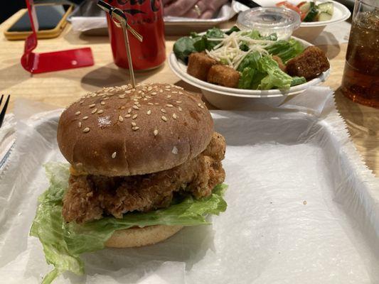 Fried Chicken Burger and  Side Caeser Salad Bowl