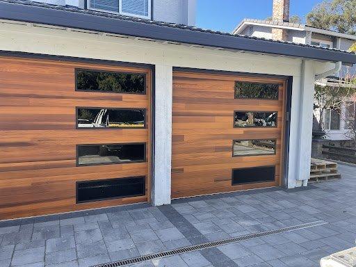 Cedar door with black window frames!