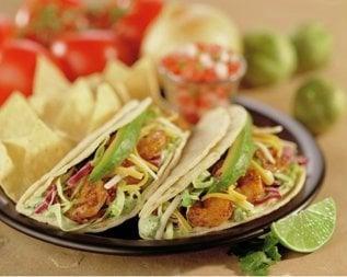 Baja Style Shrimp Taco- two soft corn tortillas filled w/ grilled shrimp, cabbage, avacado, baja sauce, jack & cheddar cheese.