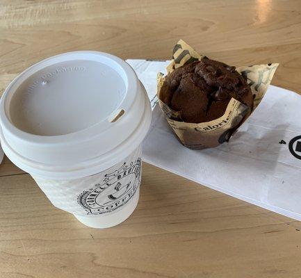 Oat milk latte and Gluten Free Chocolate Chocolate Chip Muffin