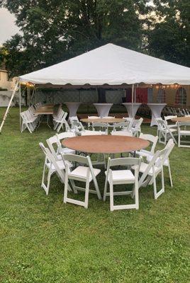 20 × 30 Frame Tents- White with Cocktail, Round Tables and Padded Resin Chairs