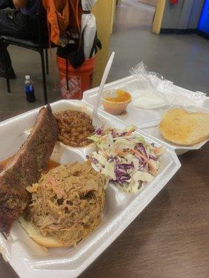 Pulled Pork, rib, coleslaw and baked bean platter