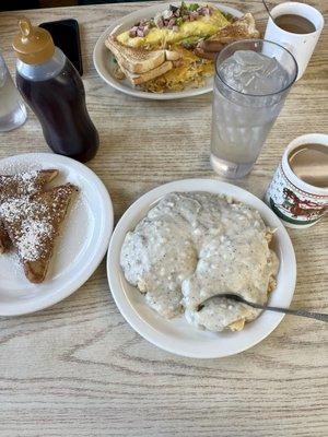 Food!!! French toast! Full order of biscuits and gravy! Western Omelette!  So so good! Wish we had a place like this back home!