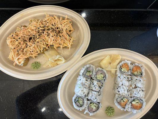 Maki Crunch, Yellowtail & Scallions, and Spicy Salmon rolls