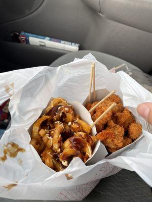 zesty seasoned curly fries and crunchy chicken finger strips!