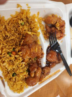 Really good fried rice with really good orange chicken.