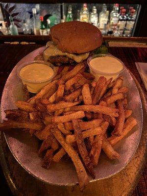 The Redwood Burger and spicy fries