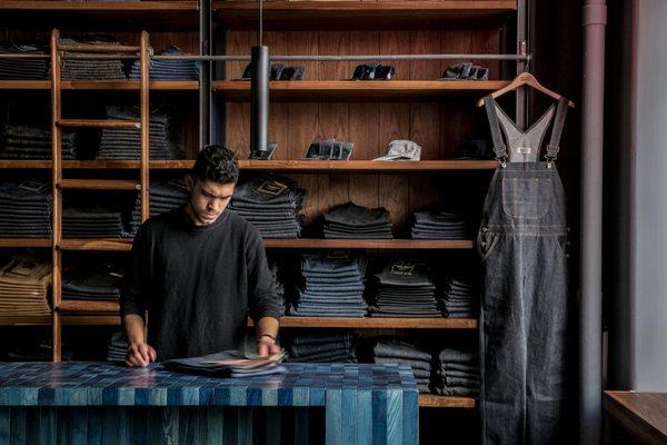 Indigo dyed counter at Naked & Famous Denim NYC