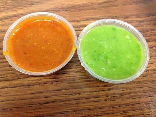 Red and green hot sauce. Both are good but the green is better.