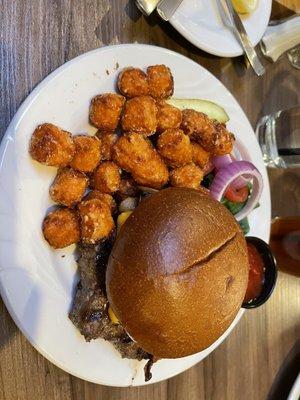 Bison burger with bacon and grilled mushrooms. Side of sweet potato puffs