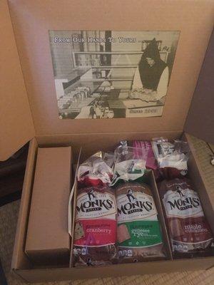 Monks' Gift Box - loaves and glass preserve jars (in small box on the left) packaged well