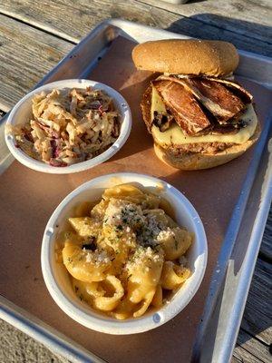 Smoke house burger, Mac n cheese, slaw