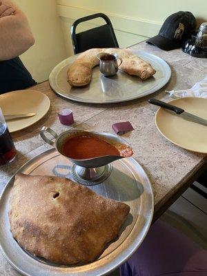 Vegan Stromboli (assortment of veggies and the vegan mozz) in the front, my SO's meat Stromboli in the back.